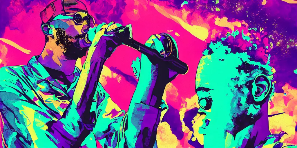 Image similar to rapper holds microphone straight out, digital art, vapor wave, hip hop, psychedelic, surreal, trending on Artstation, professional artist, detailed, 4k