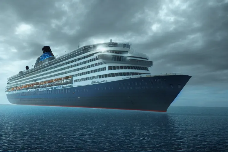 Prompt: photorealistic blue - toned photo of a cruise ship, brooding, atmospheric, lovecraft, horror, smooth, epic, highly detailed, cinematic, unreal engine render