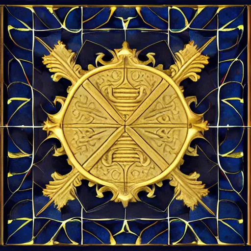 Image similar to 3d render of an abstract medieval pattern gold tile, symetrical