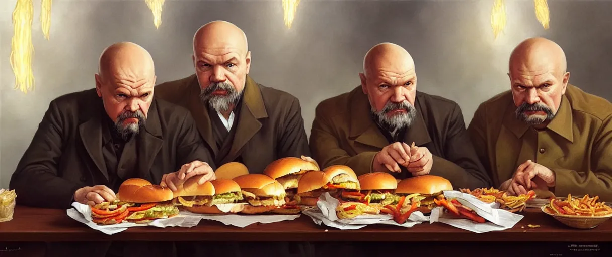 Prompt: portrait of lenin and stalin eating hamburgers, extra onions and ketchup, luscious patty with sesame seeds, ethereal, holy sacred light rays, handsome, D&D, fantasy, intricate, elegant, highly detailed, digital painting, artstation, concept art, matte, sharp focus, illustration, art by Artgerm and Greg Rutkowski and Alphonse Mucha