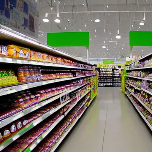 Image similar to A interior view of a grocery store in the future, nanotech is ubiquitous