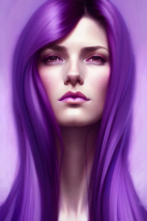 Image similar to Purple hair, creative colouring Portrait of woman face profile, fashion, colored strands of hair, intricate, elegant, highly detailed, digital painting, artstation, concept art, smooth, sharp focus, illustration, art by artgerm and greg rutkowski and alphonse mucha