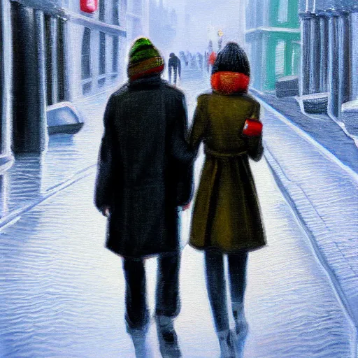 Prompt: two people in the street of london in winters, trending on artstation