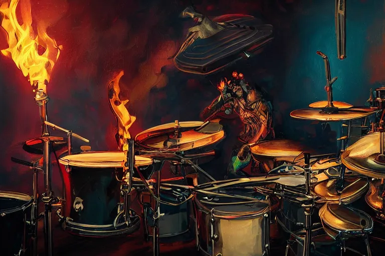 Image similar to drummer at a club playing punk rock drums on fire highly detailed, concert lighting huge speakers, atmosphere by peter mohrbacher and igor morski, very detailed, 2 4 mm lens, deep depth of field, artstation, 8 k