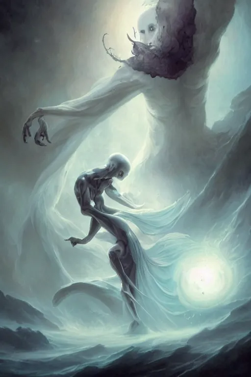 Image similar to a humanoid creature with pale white skin. the creature is bald. it is wearing a black flowing cloak that looks like mist. it is crafting an landscape in the astral plane. cosmic horror. art by peter mohrbacher and gaston bussiere.