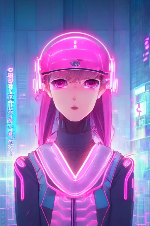 Image similar to portrait pink anime visual futuristic female cyber police, on cyberpunk neon light tokyo rooftop, ssci - fi and fantasy, intricate and very beautiful, human structure, concept art, sharp focus, anime by liya nikorov and simon stalenhag and rossdraws and magali villeneuve and luxearte, frostine engine