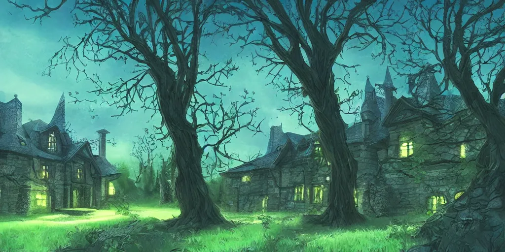 Image similar to manor in the middle of the forest, at night, medieval!!!!, green, dark blue!!!!, bright, artstation, detailled, manga!!!, fantasy!!!!!!