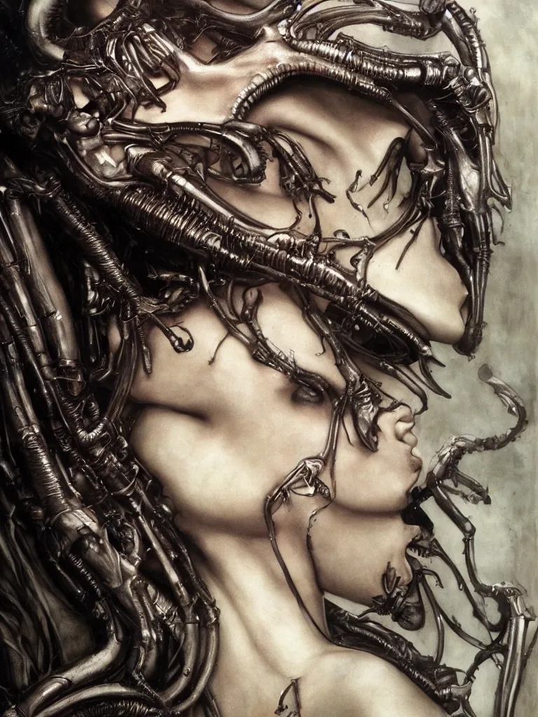 Prompt: a beautiful portrait of natalie portman xenomorph alien queen by h.r. giger and by arthur rackham and by john william waterhouse and by adi granov, detailed, proportional, trending on art station, 4k