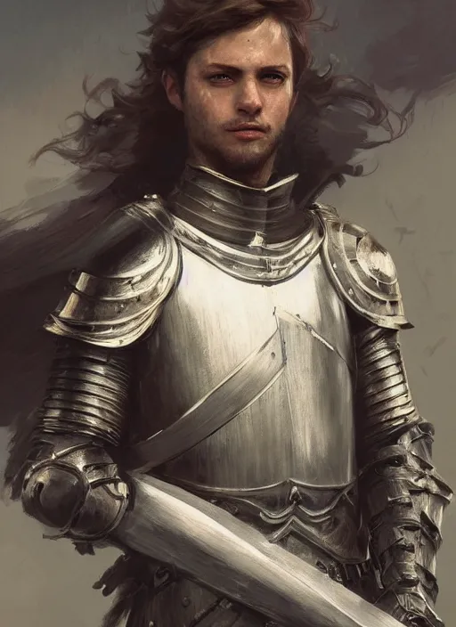 Prompt: portrait of a knight, holding a sword, victorian, concept art, detailed face, fantasy, close up face, highly detailed, cinematic lighting, digital art painting by greg rutkowski