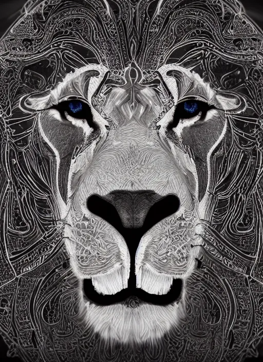 Image similar to A lion face made of Arabic Calligraphy depicting in glowing neons, fisheye lens, unreal 5, DAZ, hyperrealistic, octane render, dynamic lighting