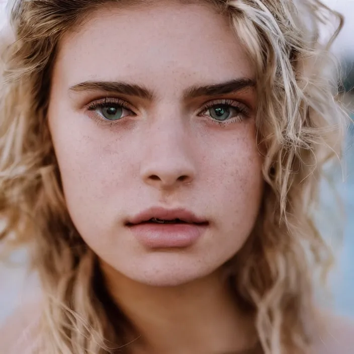 Image similar to portrait photograph of an extremely beautiful!!!! young female , symmetric face!, symmetric round detailed eyes!!, Wavy tinted blonde hair! slight smile, natural light, at a Manhattan beach during golden hour. looking at the camera!!. pink bikini. super resolution. Extremely detailed. Graflex camera!, bokeh!!!!! trending on artstation.