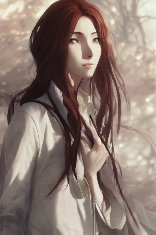 Image similar to highly detailed portrait of makise kurisu from steins gate laying, sensual, labcoat, fantasy art, by charlie bowater, by greg rutkowski, photorealistic, detailed and intricate environment, trending on artstation, trending on pixiv