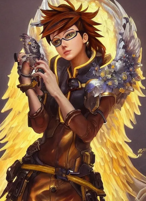 Prompt: full body oil painting of tracer overwatch in the style of sophie anderson, angel wings, angelic golden armor, dramatic painting, symmetrical composition, ornate, high detail, gold detailed collar!!!!!, blooming, lights, flowers, detailed face,