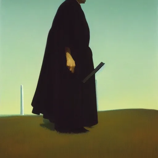 Image similar to portrait of the whitewinged angel of death wearing a crimson and black robe descending on the lonesome faceless phantoms in their graves jamie wyeth james gilleard edward hopper oil painting
