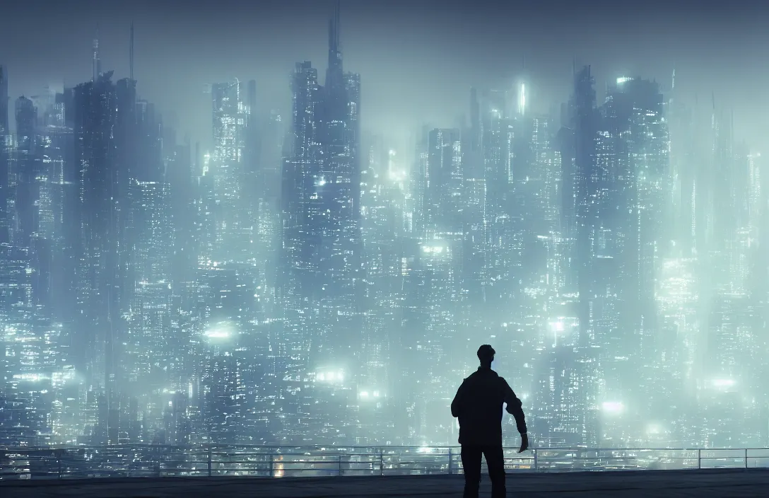 Image similar to man in front of a foggy view of cyberpunk style future city, a hyper realistic professional photographic view,very beautiful scenery, very realistic painting effect, hd, hdr, cinematic 4k wallpaper, 8k, ultra detailed, high resolution,