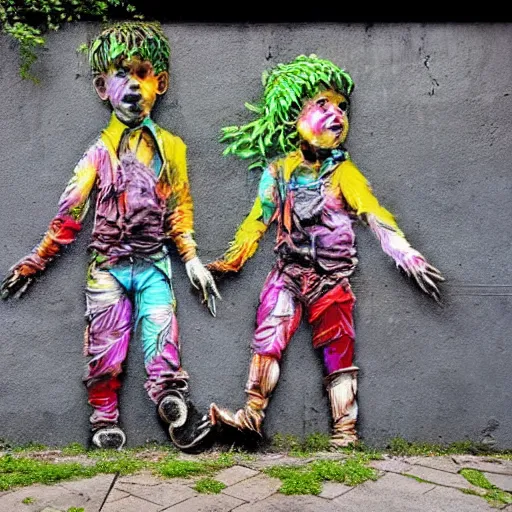 Image similar to a street art of thread connecting brother and sister by bordalo