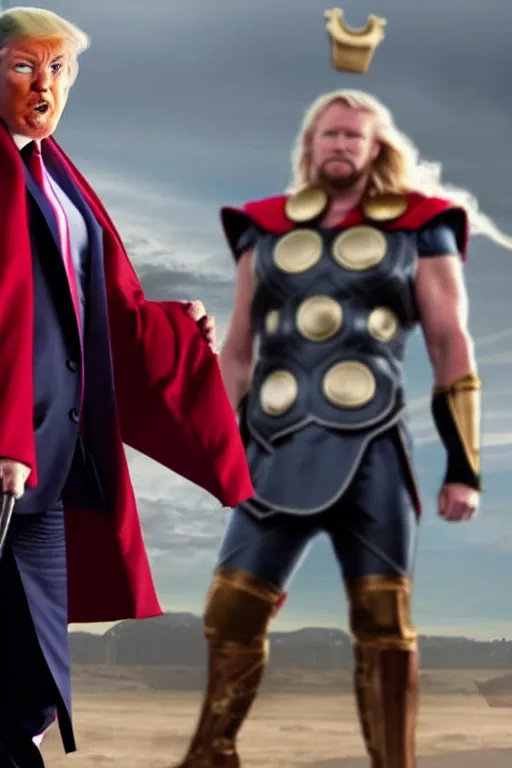 Image similar to donald trump as thor, wielding hammer, ready for battle, movie still