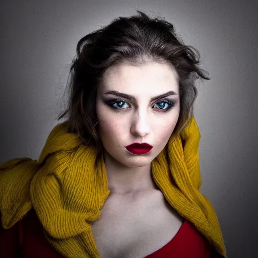 Prompt: high quality photo of a beautiful woman moody and melanchony with accents of yellow and red