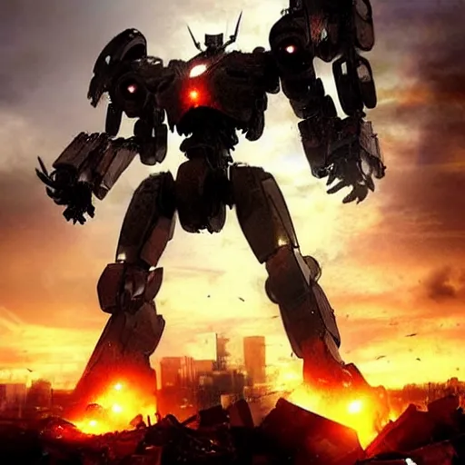 Prompt: pacific rim style mecha standing over a destroyed city.