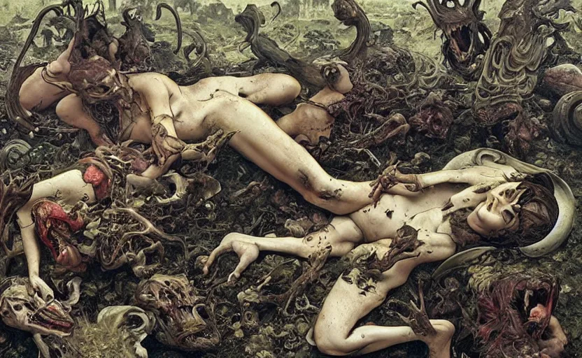 Image similar to renaissance grotesque painting of ovni crash swamp wasteland, landfill, alien corpses on the floor, elegant artwork by lee bermejo and greg rutkowski and alphonse mucha