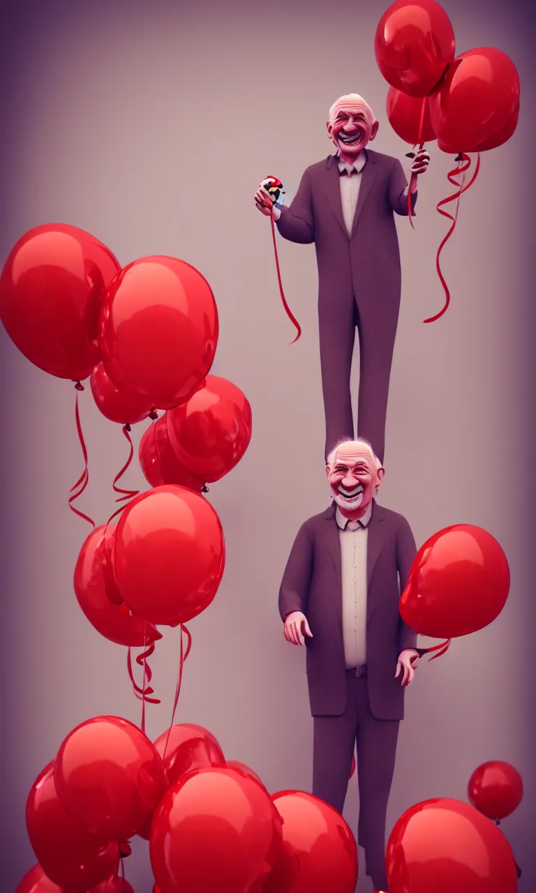Prompt: illustration of smiling old man with red balloons, highly detailed, digital painting, concept art, smooth, sharp focus, epic composition, gothic art, artstation, concept art, octane render, retrofuturistic