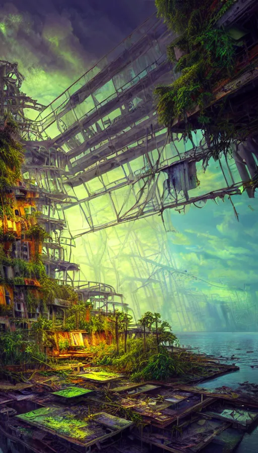 Prompt: a beautiful photorealistic painting of shipwreck nature urbex architecture city industrial architecture by frank gehry, sea reclaimed by nature rainforest flowers lightpaint tron nightvision synthwave morning sun sunlight nightsky uv light magic realism at night laser, archdaily, wallpaper, highly detailed, trending on artstation.