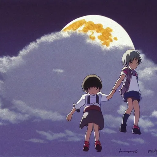 Image similar to looking at the moon, anime by Studio Ghibli, realistic, by Hayao Miyazaki