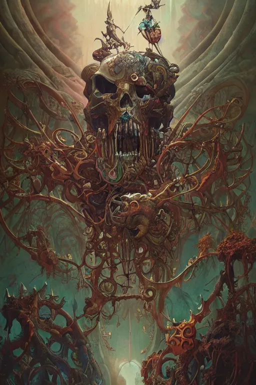 Image similar to evil gigantic biomechanical skull of death, fantasy painting, ultra realistic, wide angle, art nouveau, intricate details, rainbowshift, vivid colors, highly detailed by peter mohrbacher, maxfield parrish, aaron horkey, gaston bussiere, craig mullins