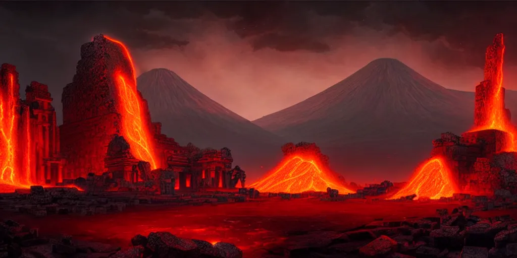 Image similar to ancient god temple at night ruins of ancient civilization, surrounded by glowing lava, volcanoes in the background, ultra high definition, ultra detailed, symmetry, sci - fi, dark fantasy, by greg rutkowski and ross tran