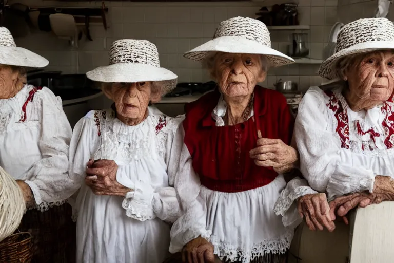 Image similar to close up of three old women from brittany with hats in white lace and folk costumes in a kitchen. they look visibly angry