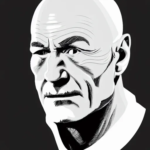 Prompt: a picture of the body of hulk hogan with the head of patrick stewart, sharp focus, vector, 4 k, by victor mapplethorpe