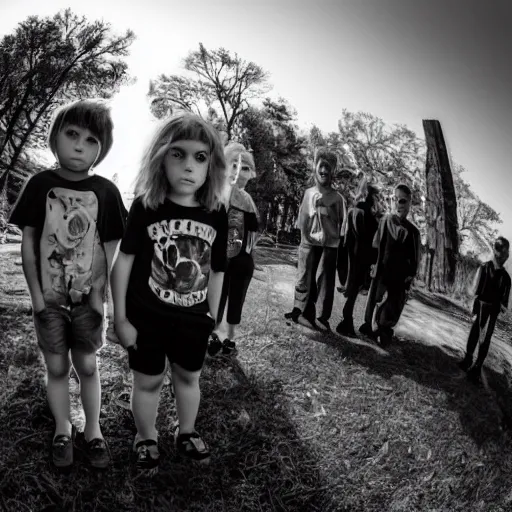 Prompt: ominous children looking confused at the camera, wide angle, fisheye, horror, scary