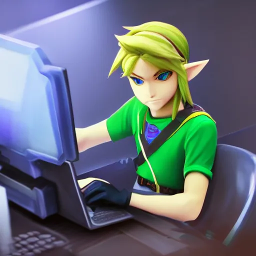 Image similar to Link from Zelda, sitting at a desk programming on a computer, close-up shot, cozy, elegant, realistic character concept, indoor lighting, hyperdetailed, high resolution, insanely detailed and intricate, Yusuke Nakano