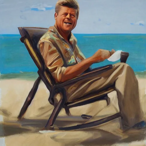 Image similar to portrait of john f kennedy, wrinkled, grey hair sitting on rocking chair, landscape of nantucket beach, dunes, ocean, bluff, handsome, hawaiian shirt, oil on canvas by william sidney mount - 1 9 8 2, trending on artstation