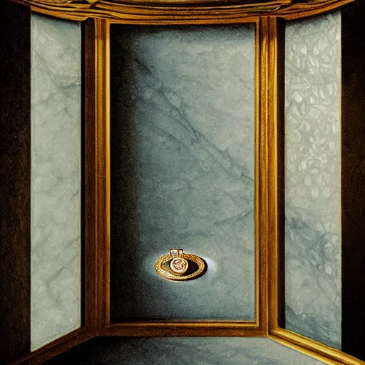 Prompt: still life painting of a room with a balcony and a marbled pedestal displaying an ancient holy artifact, centered in frame and shaped like signet ring, chromed and ornate with gentle iridescent shine from within. perspective from the side. realistic light and shadows. moody fantasy art, still life renaissance pastel painting. close up