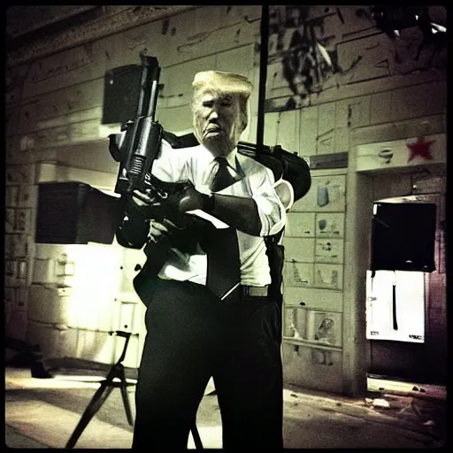 Image similar to “Donald Trump on the Call of Duty Map Der Reise fighting zombies and holding a Ray Gun, 8 mm Lena’s photography”