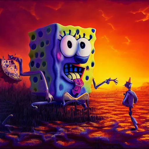 Image similar to nightmare spongebob, epic, cinematic shot, 8k, by Bruce Pennington, sharp focus, highly detailed, saturated