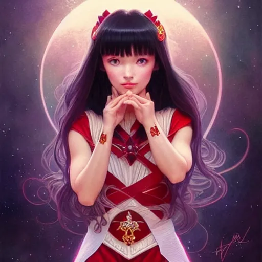 Image similar to a beautiful princess, long dark hair and bangs, sailor mars aesthetic, fantasy, intricate, elegant, highly detailed, digital painting, artstation, concept art, matte, sharp focus, illustration, art by Artgerm and Greg Rutkowski and Alphonse Mucha