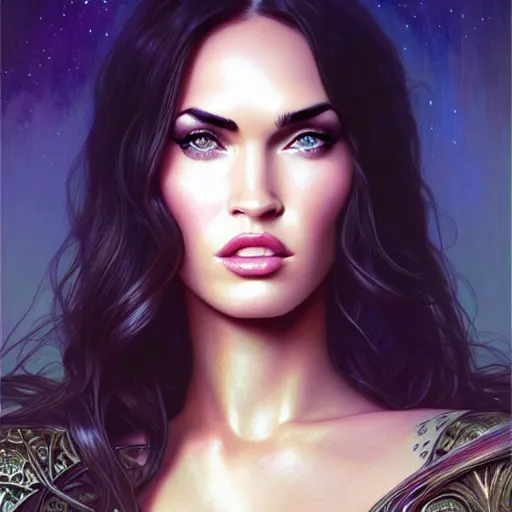 Prompt: Megan Fox as a fantasy magic woman portrait, sci-fi, amber eyes, face, long hair, fantasy, intricate, elegant, highly detailed, digital painting, artstation, concept art, smooth, sharp focus, illustration, art by artgerm and greg rutkowski and alphonse mucha