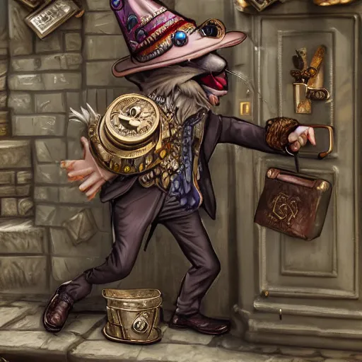Image similar to anthropomorphized rat thief stealing gold coins from a shop, wearing fancy hat and clothes, concept art, insanely detailed and intricate, hypermaximalist, elegant, ornate, hyper realistic, super detailed, art deco, cinematic, trending on artstation, magic the gathering artwork
