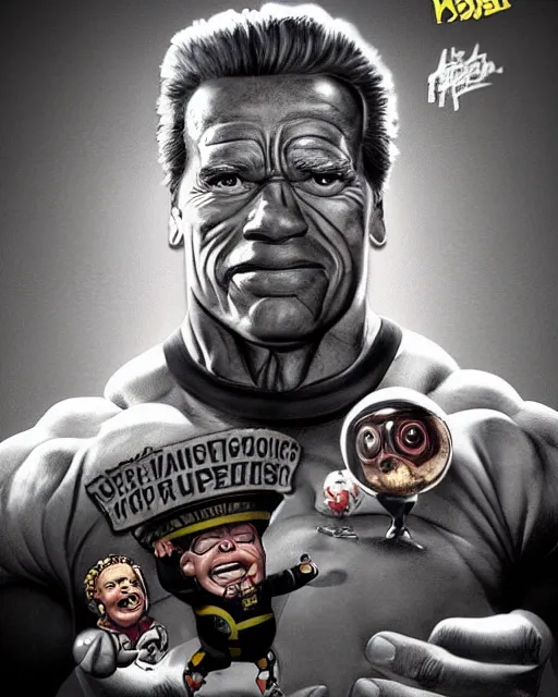 Image similar to arnold schwarzenegger as garbage pail kid, hyper realism, fine details, concept art, digital art, deviantart artstation, very sharp,