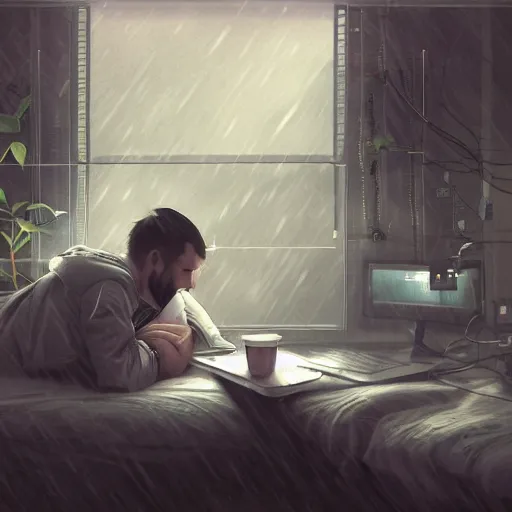 Prompt: a man lying on his bed wearing a jacket with a computer and coffee on the table on a cold rainy day, room full of plants, gloomy weather, cyberpunk, scifi, concept art, highly detailed, artstation, concept art, smooth.sharp focus, digital art, art by jon foster and yuumei