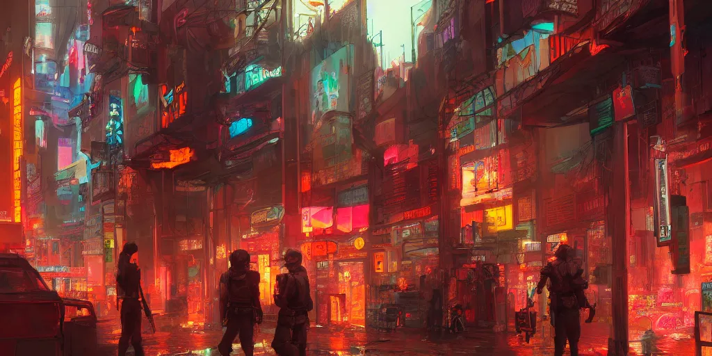 Prompt: two passive guards near the entrance of a big colorful shop in the crowd of a cyberpunk dystopian city at day in an intense orange fog artstation