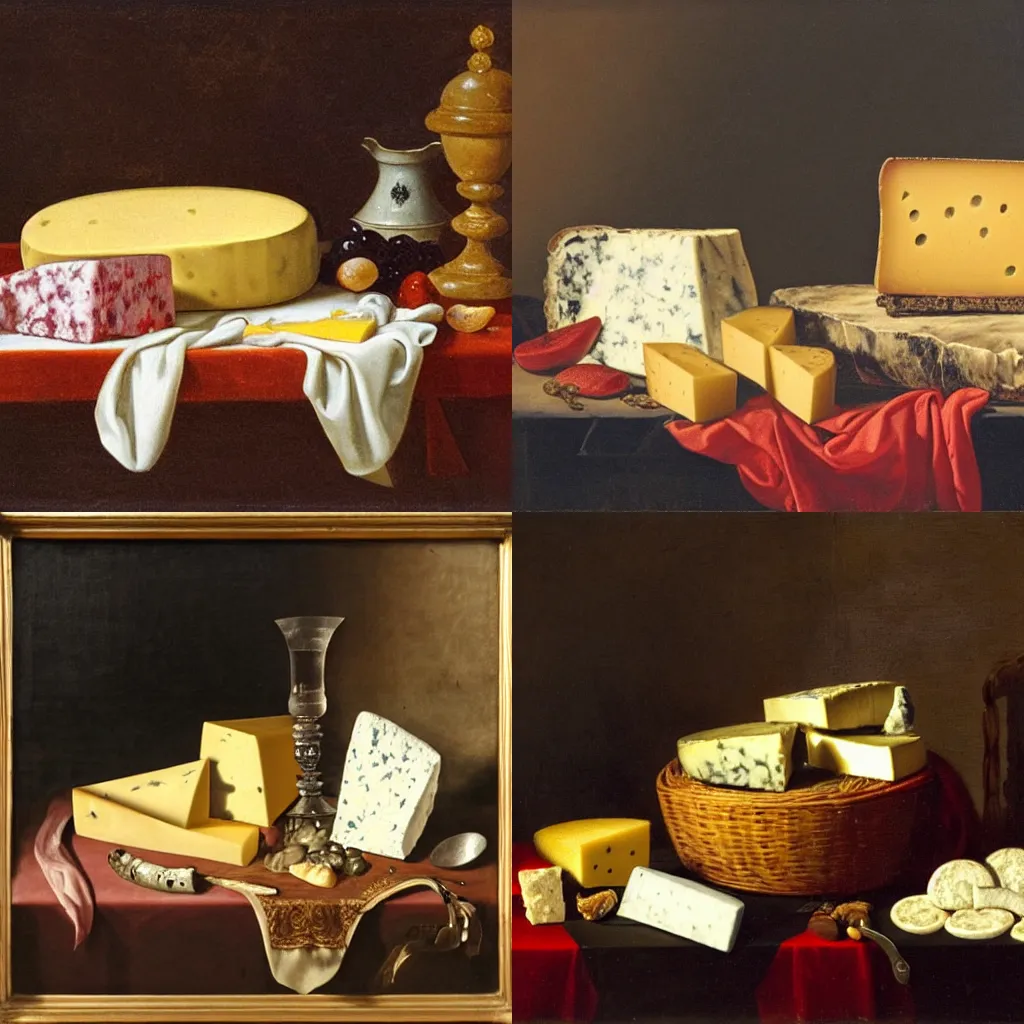 Prompt: still life after the hunt with cheeses, circa 1615, dramatic lighting, oil on linen