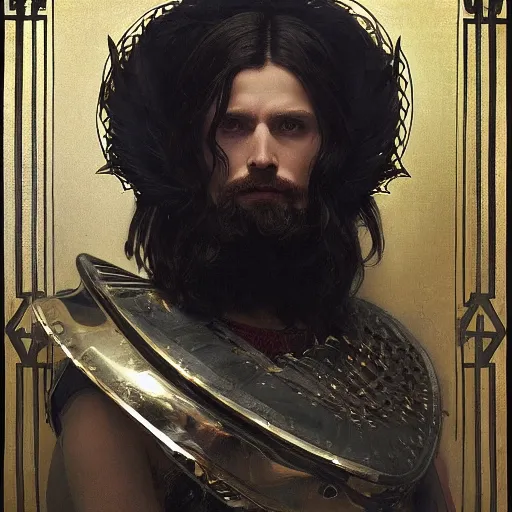 Image similar to pale, beautiful black-haired Viking lord wih sharp features, wearing a gilded black scale armor in the shape of art deco feathers and an arrogant heroic expression, by Greg Rutkowski, Brom, and Alphonse Mucha