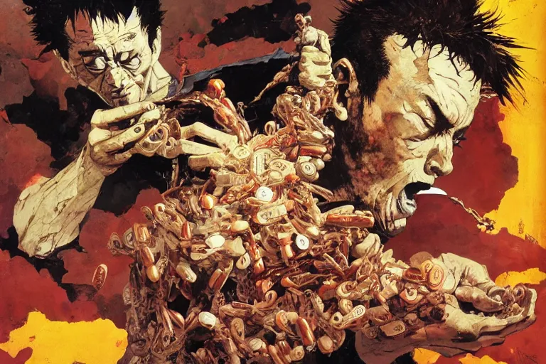 Prompt: full page illustration of tetsuo eating pills, by Katsuhiro Otomo, Phil hale, Ashley wood, Ilya repin, frank frazetta, 8k, hd, high resolution print