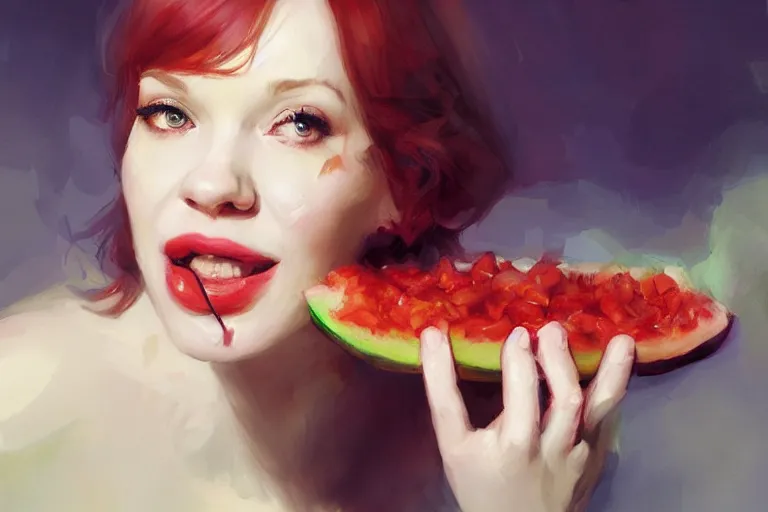 Prompt: A portrait of a Christina Hendricks eating various fruits by Ruan Jia and Mandy Jurgens and Artgerm and william-adolphe bouguerea, highly detailed, trending on artstation, award winning, H 768