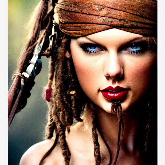 Prompt: photographic portrait face of Taylor Swift of Jack Sparrow, high light on the left, illuminated by a dramatic light, Low key lighting, light dark, High constrast, dramatic , Steve Mccurry, Greg Rutkowski, Alphonse Mucha, high quality, photo-realistic, four fingers maximum ,8K