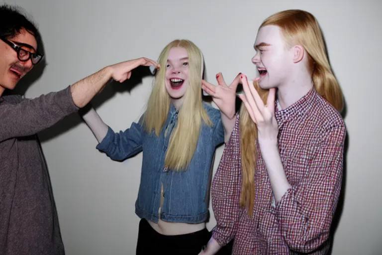 Prompt: photo of elle fanning pointing and laughing at some incel loser that makes repeated photos of her on stable diffusion because he's a sick loser. polaroid. terry richardson.