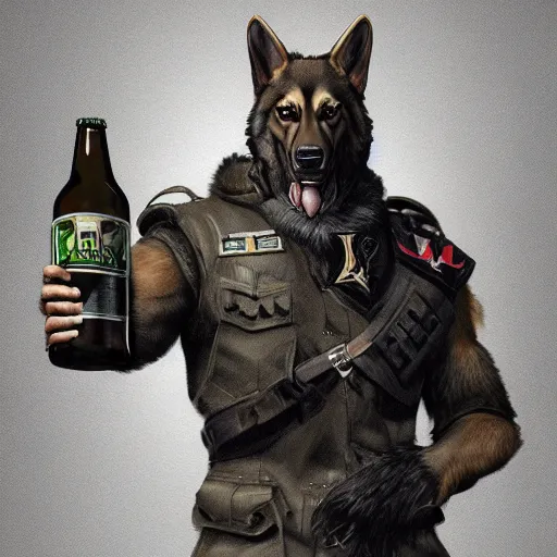 Image similar to a humanoid german shepherd beast - man in military style, holding a bottle of beer, artstation, concept art, smooth, sharp foccus ilustration, artstation